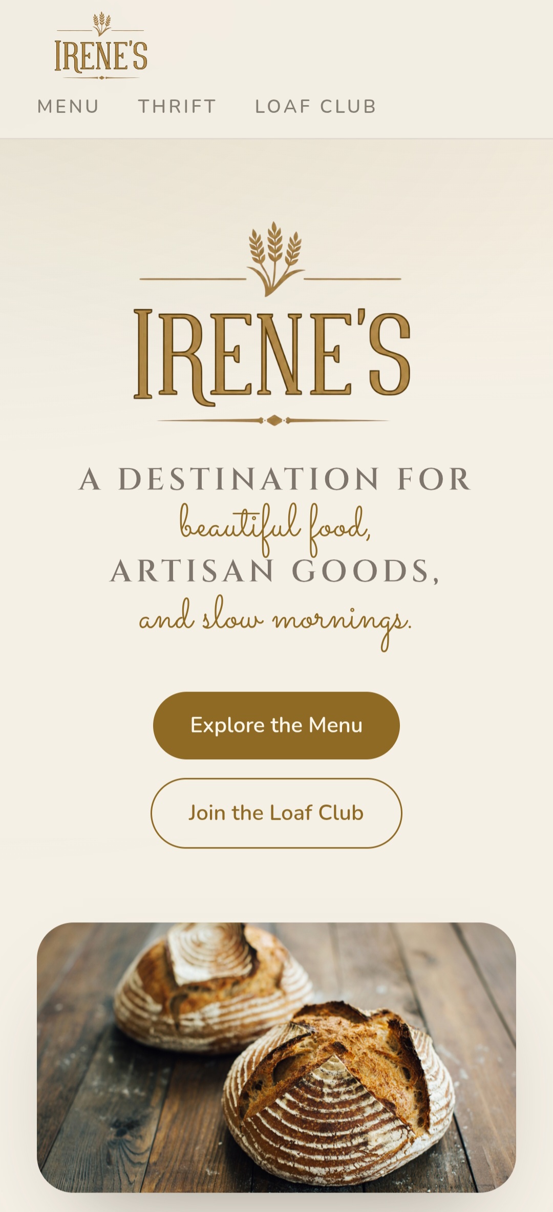 BASIL branded bakery storefront home with a logo, tagline, and calls to action to explore the menu and join the Loaf Club