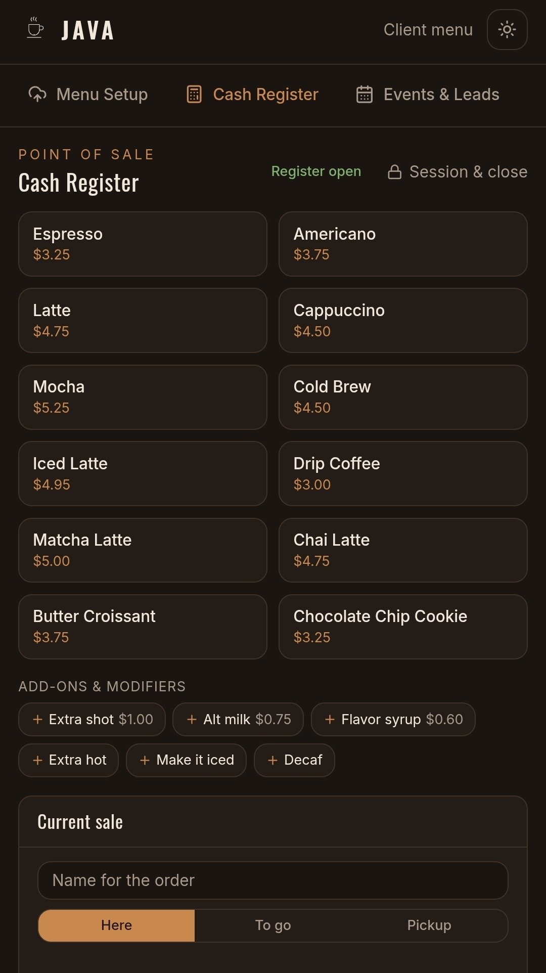 JAVA point-of-sale cash register on a phone, with a tap-to-ring drink and pastry grid, add-ons, and a current-sale panel
