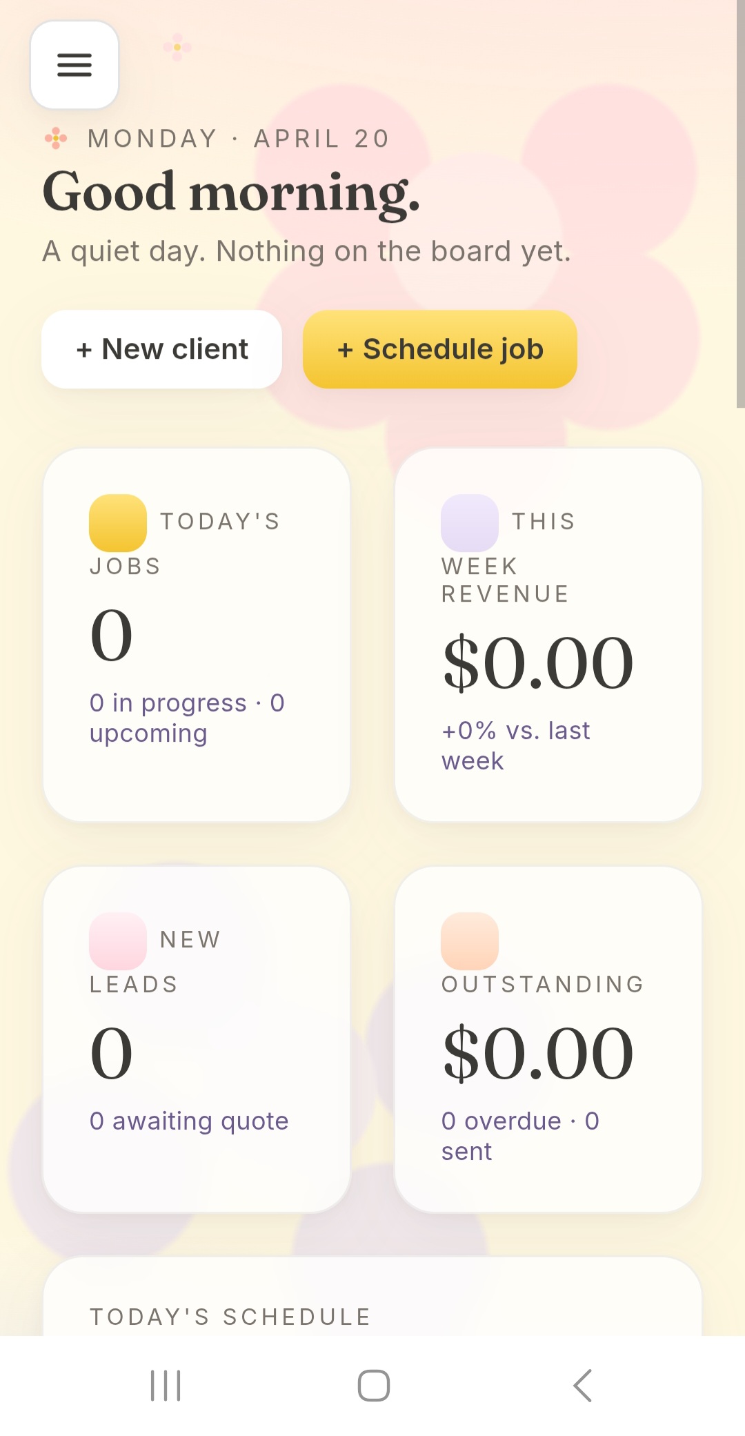 LEMONADE mobile dashboard for a cleaning service business