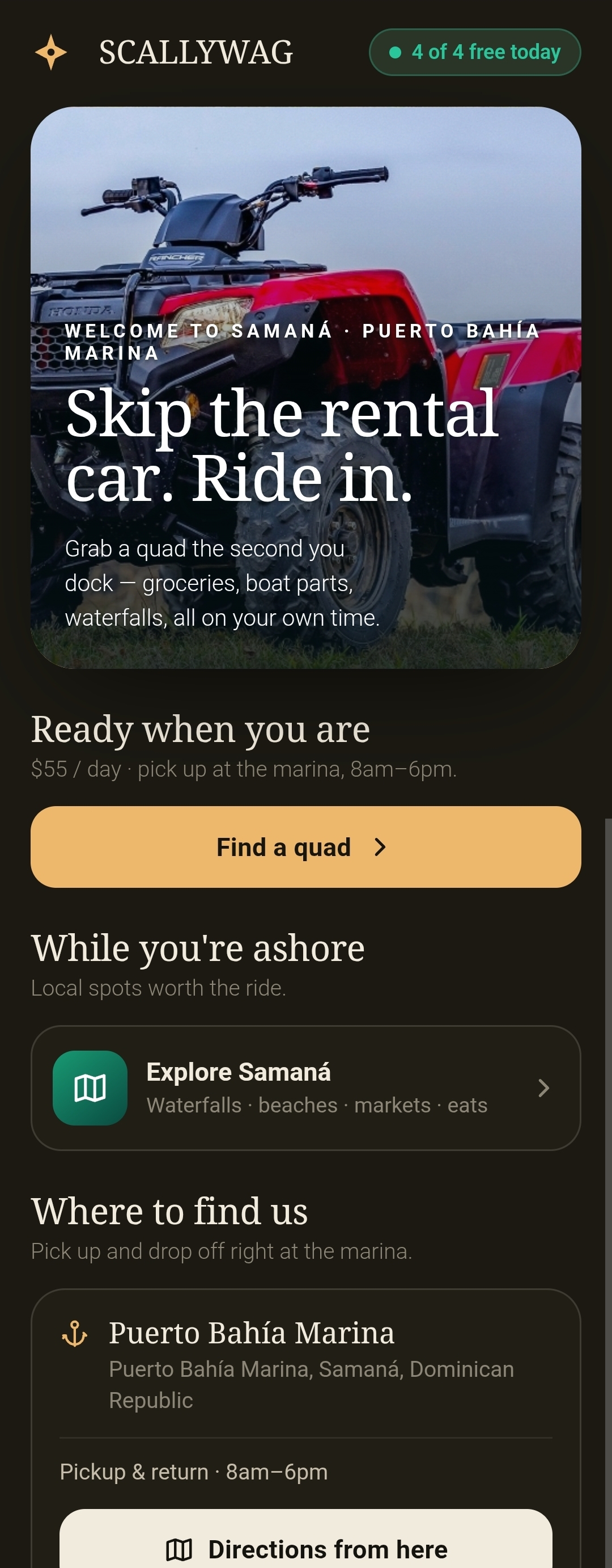SCALLYWAG quad rental home screen with a hero quad photo, the daily rate, and an explore-the-island section