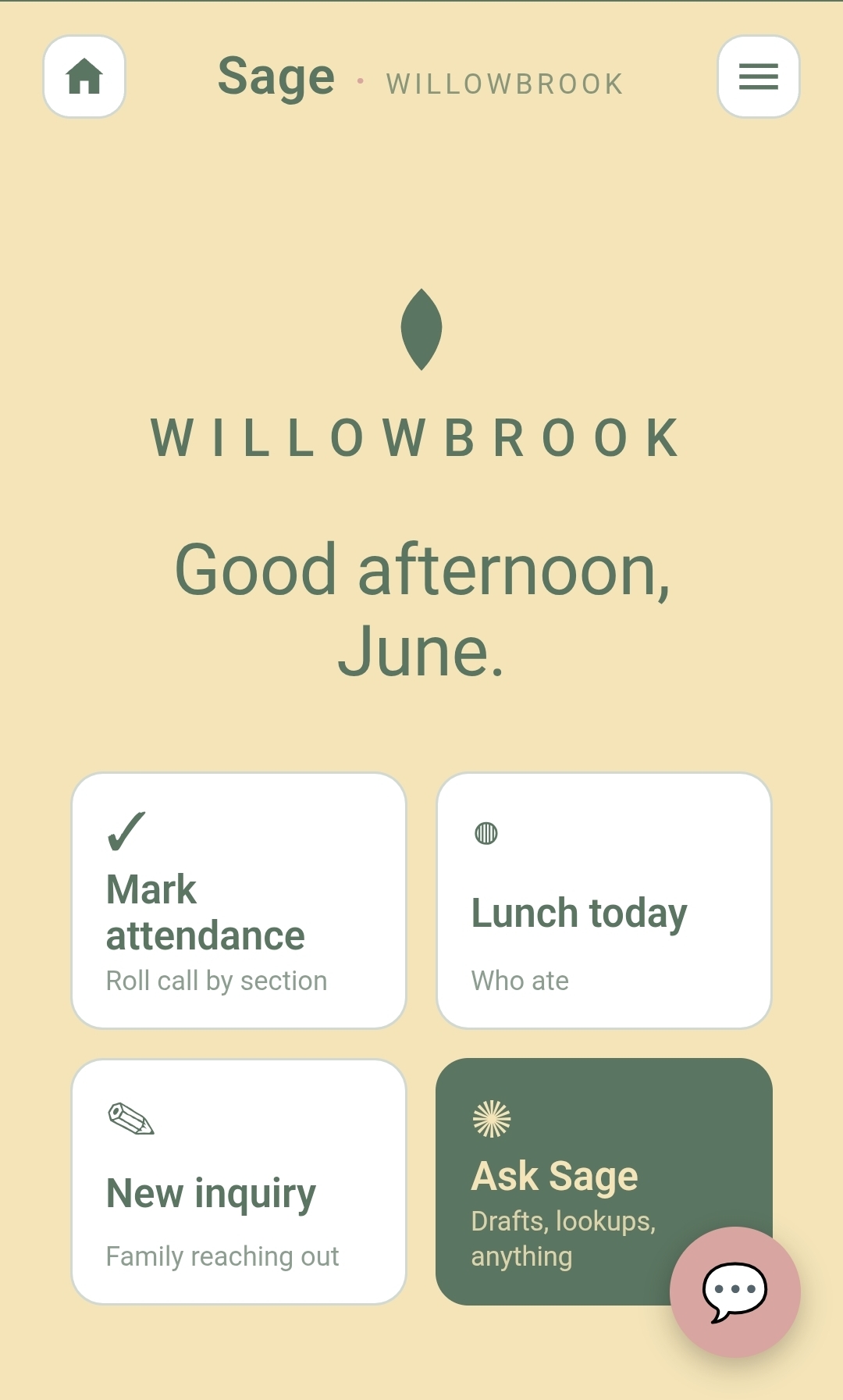 CANOPY Willowbrook microschool home screen greeting June with Mark attendance, Lunch today, New inquiry, and Ask Sage cards